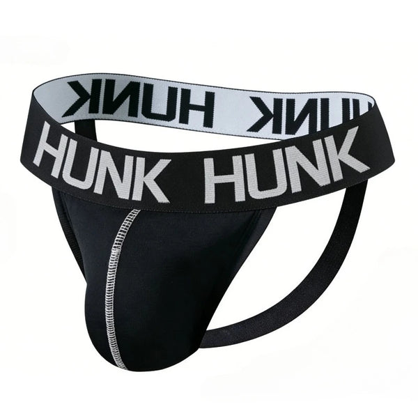 Front three-quarter view of a black jockstrap with a white HUNK waistband