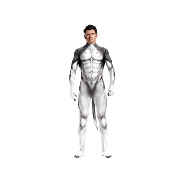 Husky Fantasy Fetish Bodysuit With Tail, a skin-tight suit featuring a wolf design