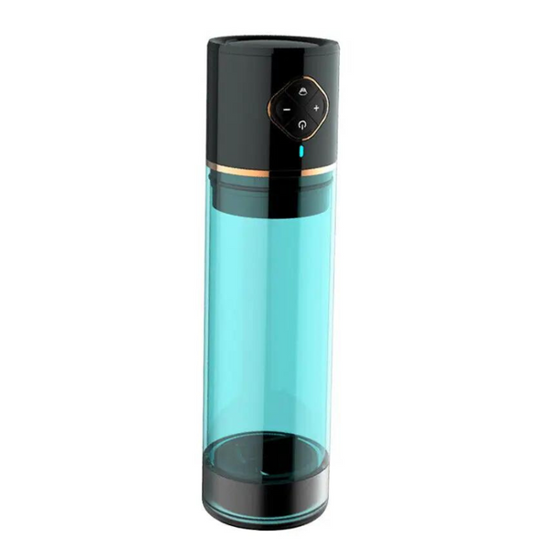 Standalone turquoise and black automatic penis pump cylinder shown upright at a slight angle