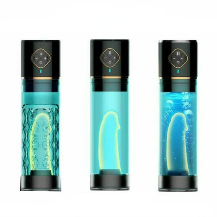 Three views of a turquoise cylindrical penis pump showing textured, smooth, and bubbly water chambers