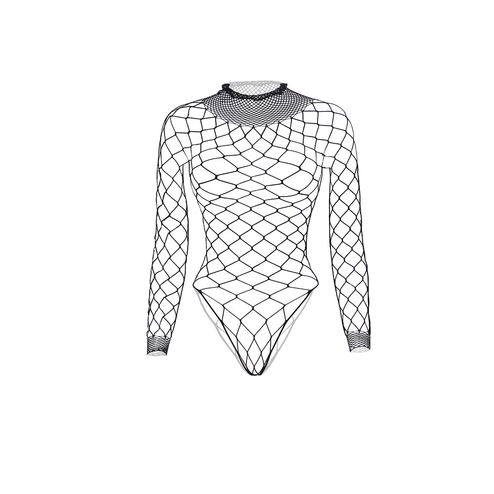 Black fishnet mesh bodysuit with long sleeves, high neck, and thong-style bottom