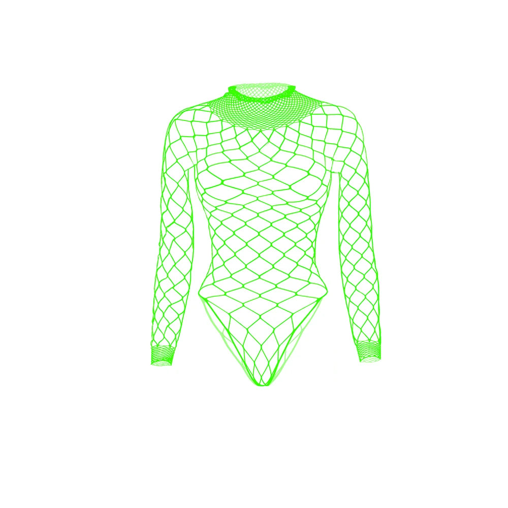 Front view of a neon green long-sleeve fishnet mesh bodysuit with high neck