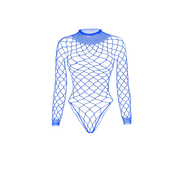 Blue fishnet mesh bodysuit with long sleeves and high neckline, shown flat on white