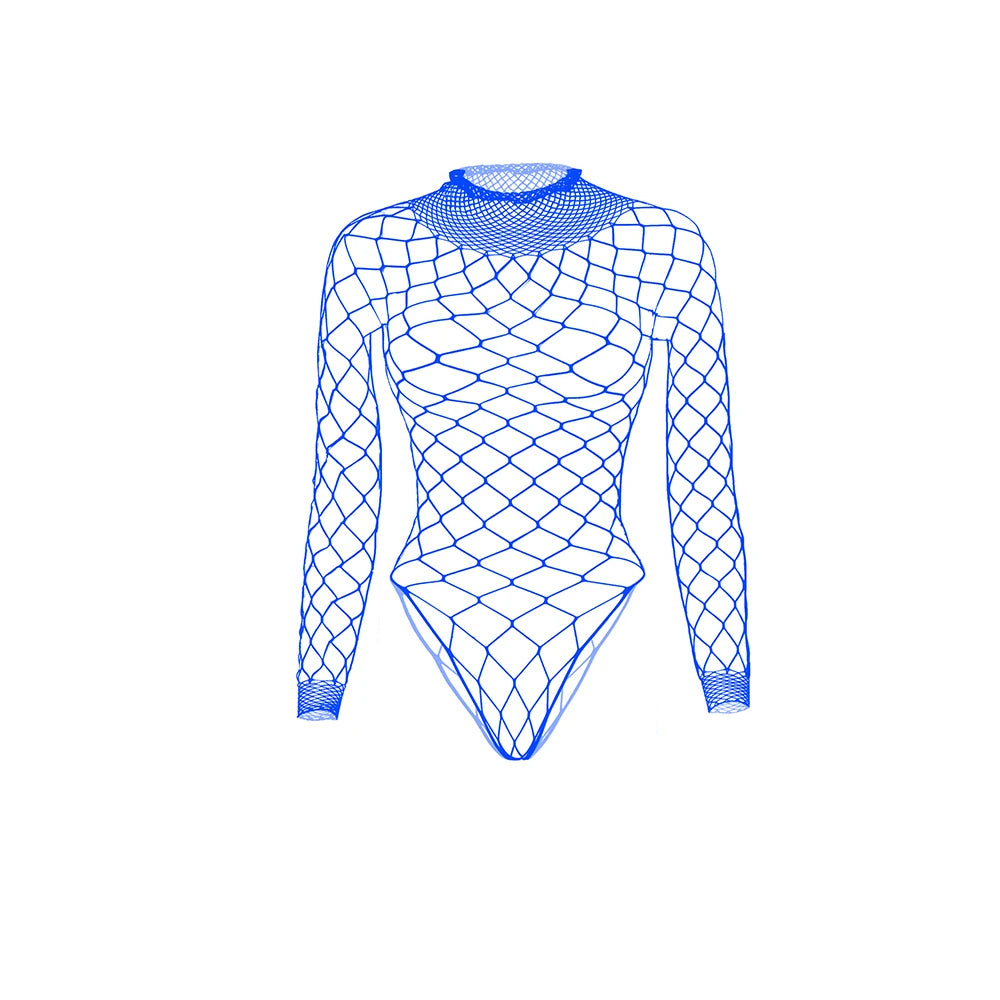 Blue fishnet mesh bodysuit with long sleeves and high neckline, shown flat on white