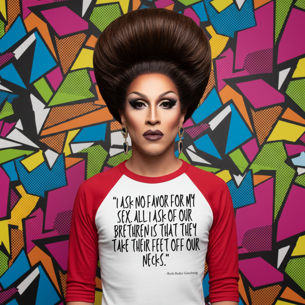 3/4 sleeve raglan shirt reads “I Ask No Favor For My Sex”; drag queen in bold makeup and a beehive wig, pop-art background.