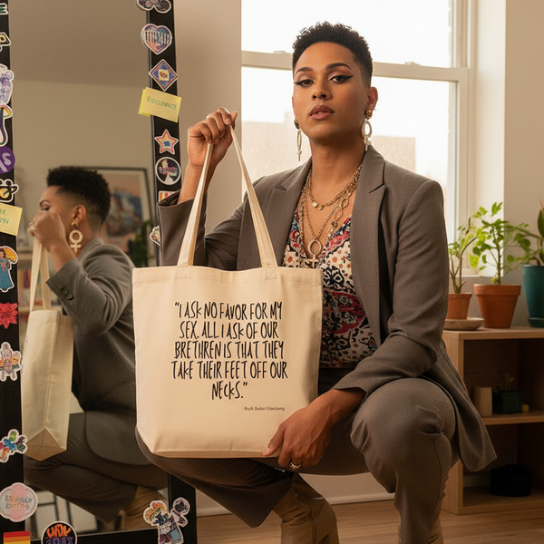 Person in a gray suit holds a cream tote bag with a feminist quote in a sunlit room