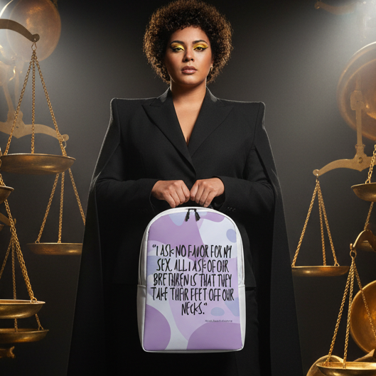 Minimalist backpack with a purple and white design, bold RBG quote "I Ask No Favor For My Sex," gold justice scales
