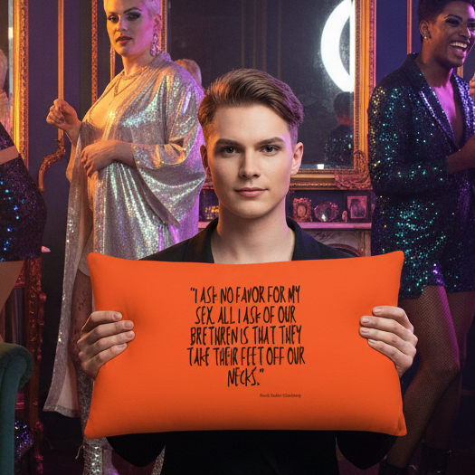 Person with short hair holds vibrant "I Ask No Favor For My Sex Pillow"; three others in glamorous outfits, queer home decor