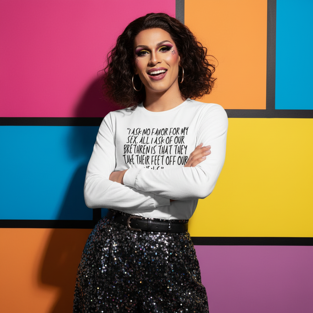 I Ask No Favor For My Sex unisex long sleeve tee on a confident person with curly dark hair, bold makeup