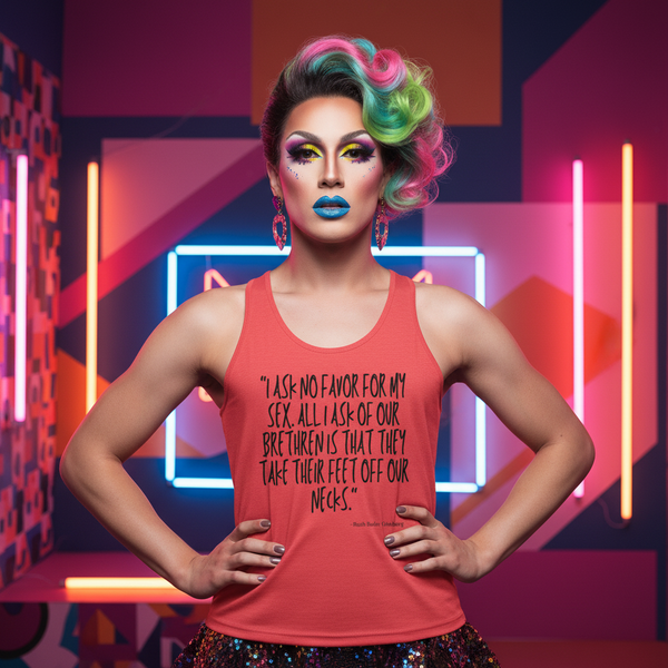 “I Ask No Favor For My Sex” unisex tank top modeled by a queer person in bold makeup and a bright wig, neon-lit backdrop.
