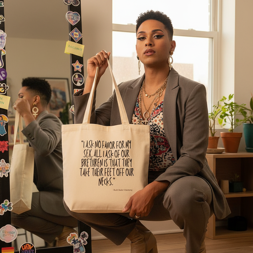 Person in a gray suit holds a cream tote bag with a feminist quote in a sunlit room