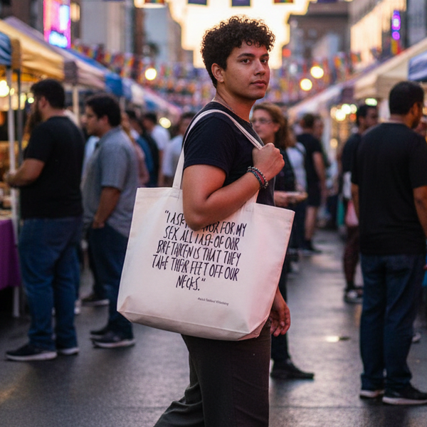 A person carries the I Ask No Favors For My Sex Large Organic Tote Bag at a vibrant street market, making a bold