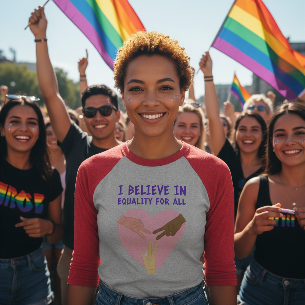 I Believe In Equality For All 3/4 sleeve raglan shirt on a smiling person at Pride