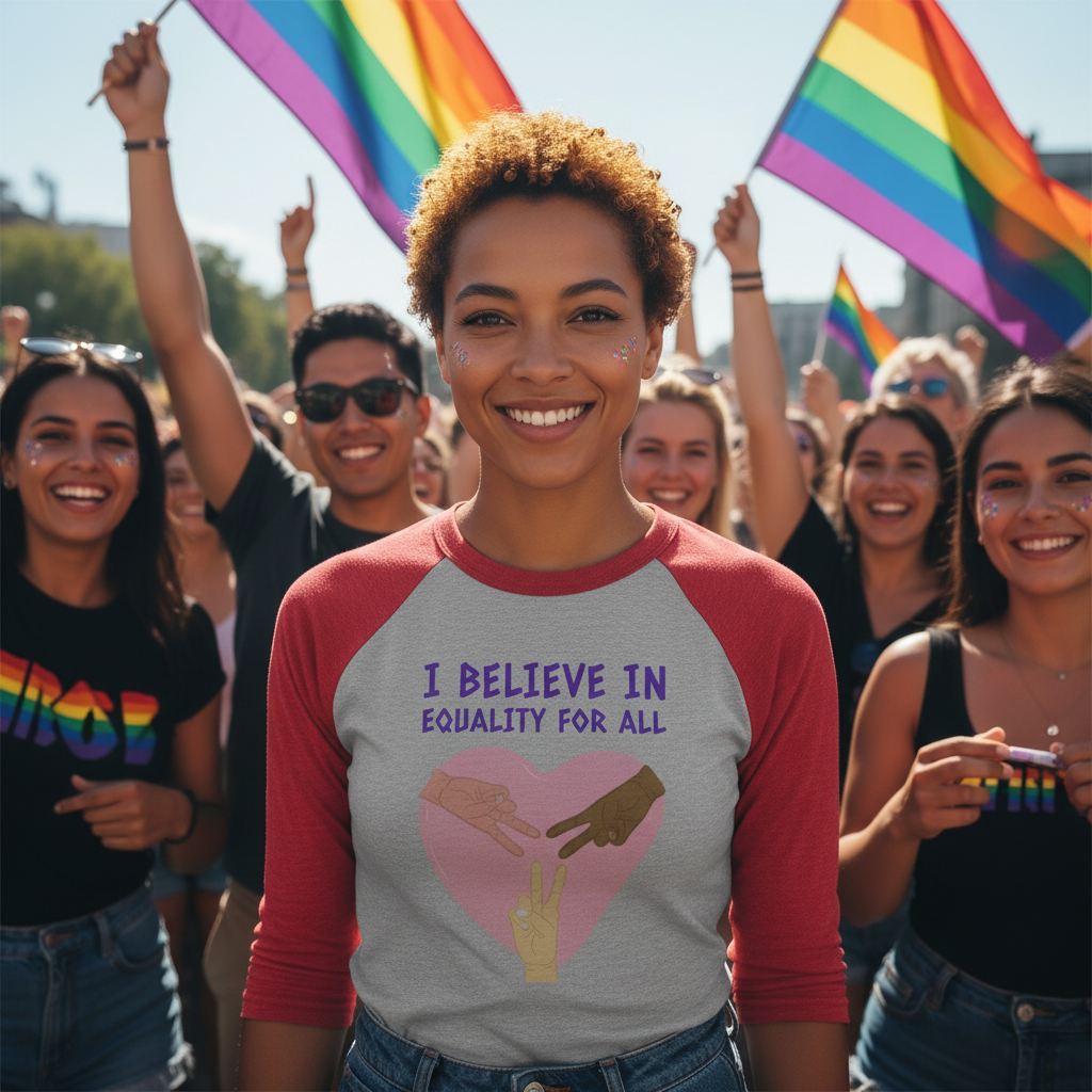 I Believe In Equality For All 3/4 sleeve raglan shirt on a smiling person at Pride