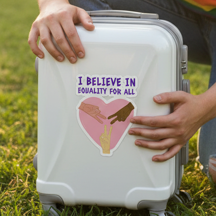 White suitcase held outdoors, decked out with 