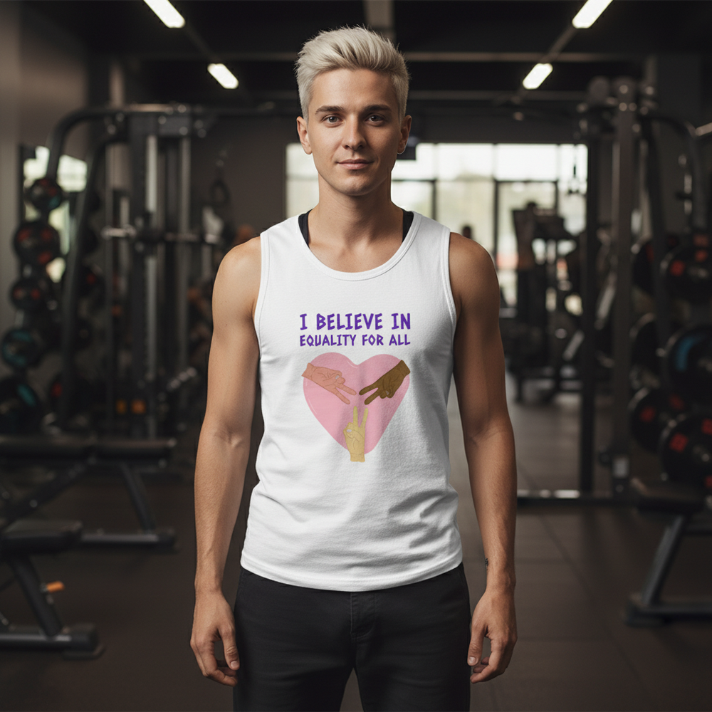 Muscle top reading "I believe in equality for all" with heart and two-tone hands shaking, worn by blond person in gym