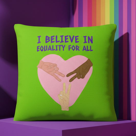 I Believe In Equality For All pillow with green cover, pink heart, three diverse hands in peace signs