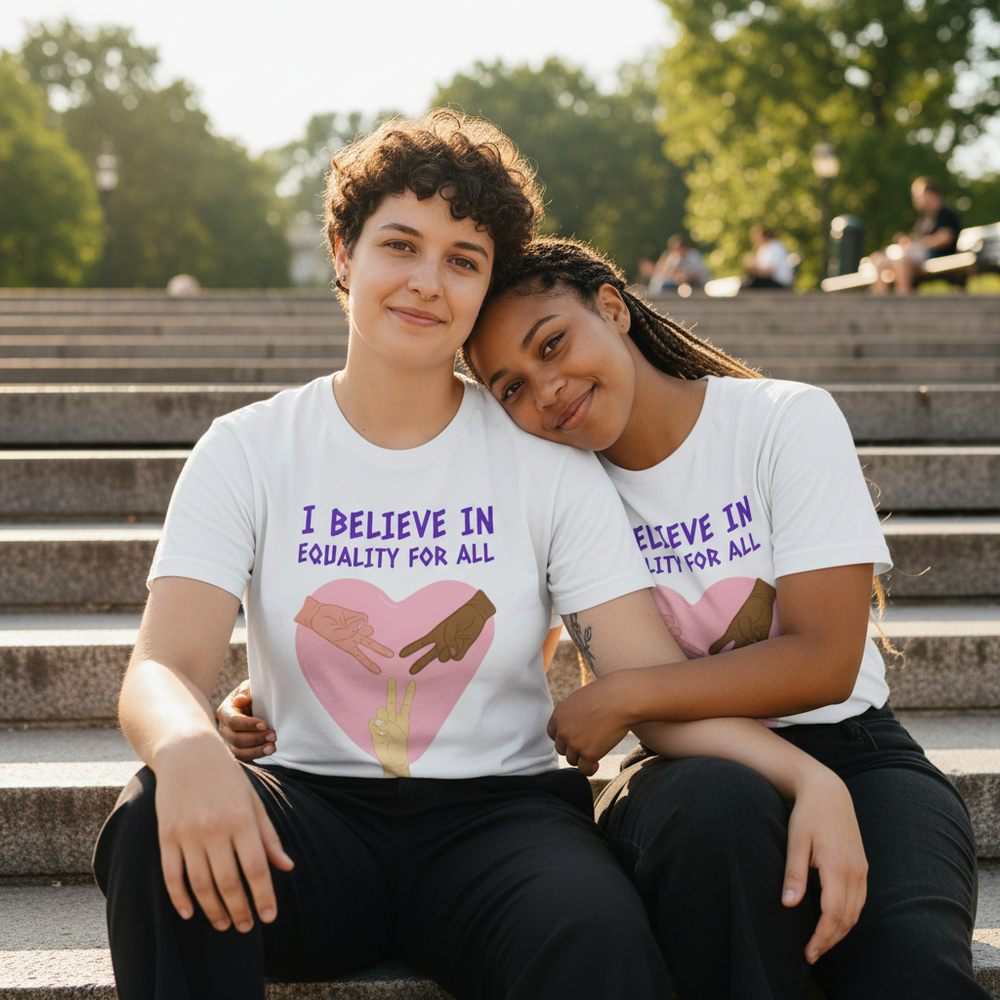 I Believe In Equality For All T-Shirts with bold lettering and diverse hands in a heart