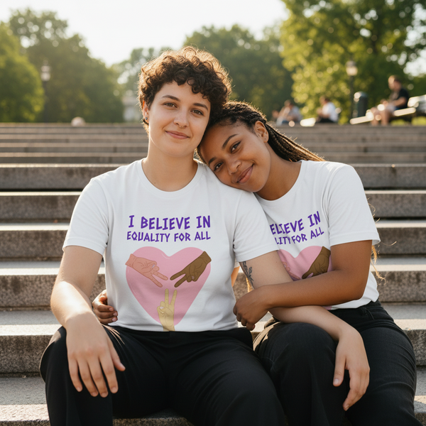 I Believe In Equality For All T-Shirts with bold lettering and diverse hands in a heart