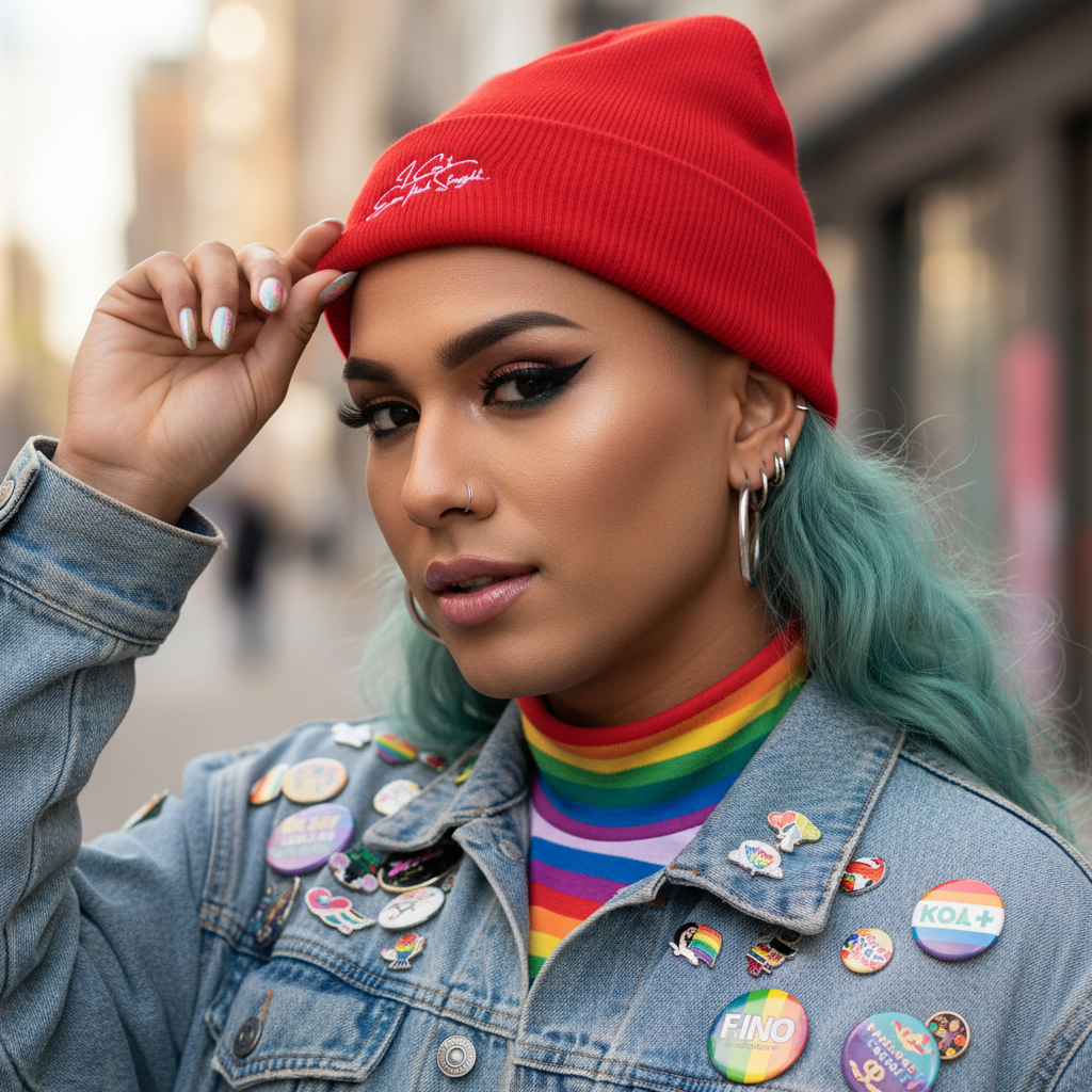 Red "I Can't Even Think Straight" cuffed beanie, rainbow turtleneck, denim jacket with LGBTQ+ pride pins