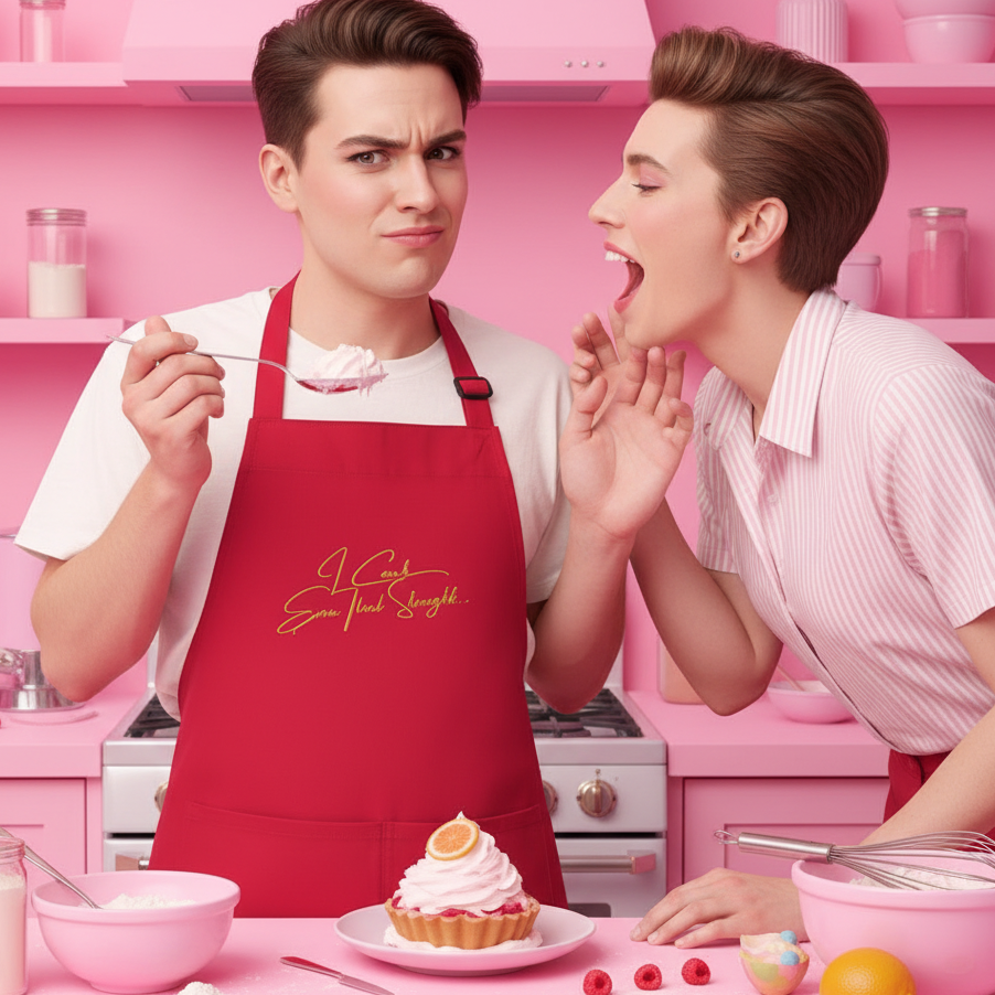 Red apron with gold script worn by a person baking in a pink kitchen