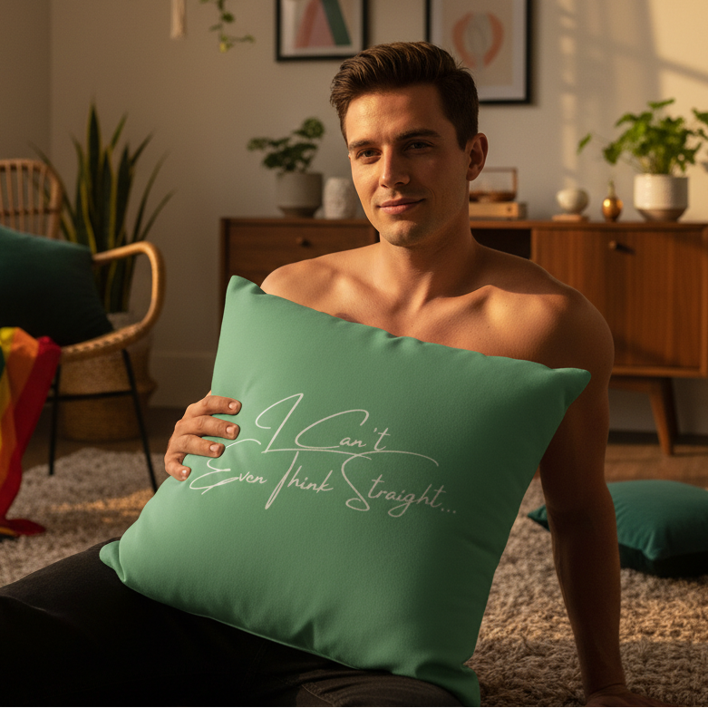 Shirtless person with short brown hair sits on carpet