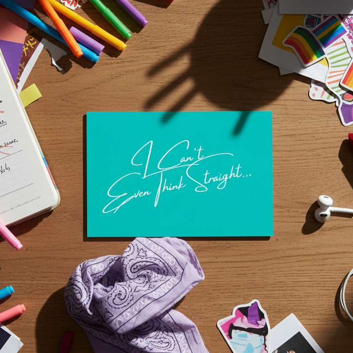 Postcard with teal background and white cursive "I Can't Even Think Straight" on a wooden desk, surrounded by prideful pens