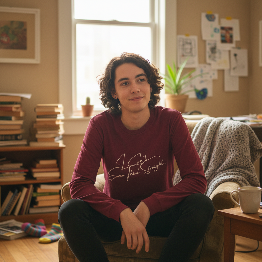 Maroon "I Cant Even Think Straight" unisex long sleeve tee on a curly-haired person