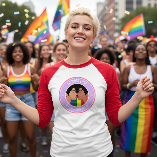 I Choose Love 3/4 sleeve raglan shirt on a smiling, short blond-haired person at a vibrant