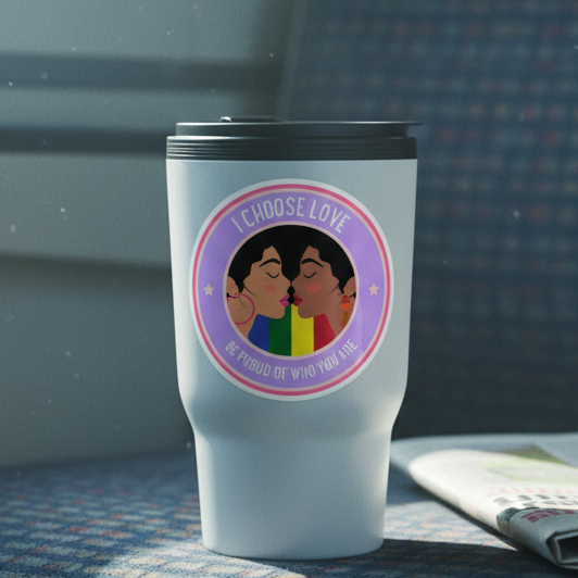 Bubble-free sticker shows two people with dark hair kissing in front of a rainbow flag, pink border