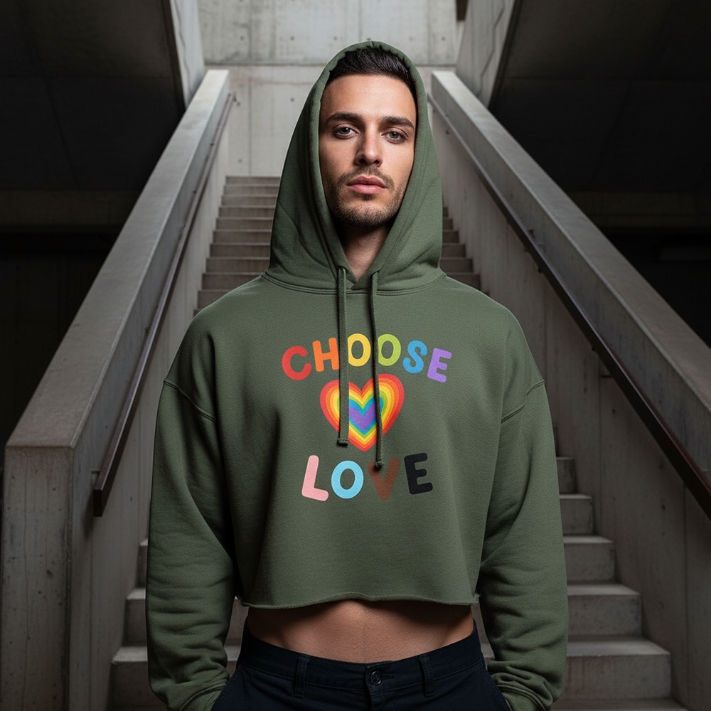 Crop hoodie with “CHOOSE LOVE” in bold, colorful letters and a rainbow heart