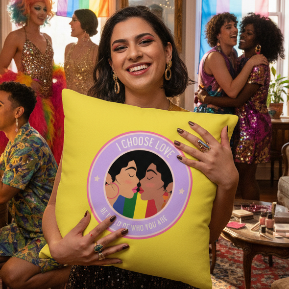Smiling person holds the "I Choose Love Pillow" showing two kissing figures, a rainbow