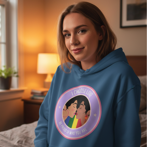 Model wearing a blue hoodie with two people kissing and “I CHOOSE LOVE” graphic