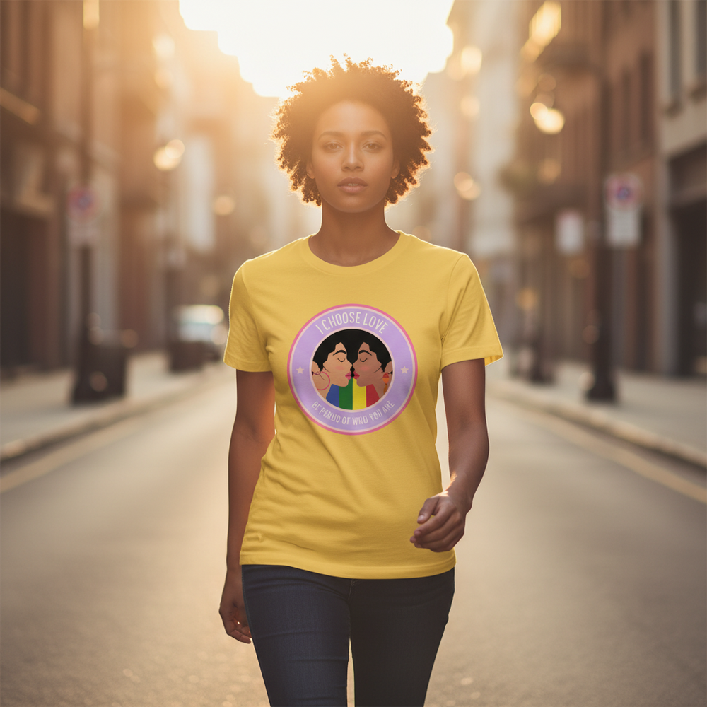 I Choose Love Unisex T-Shirt with two people facing each other and "I Choose Love" in a purple circle