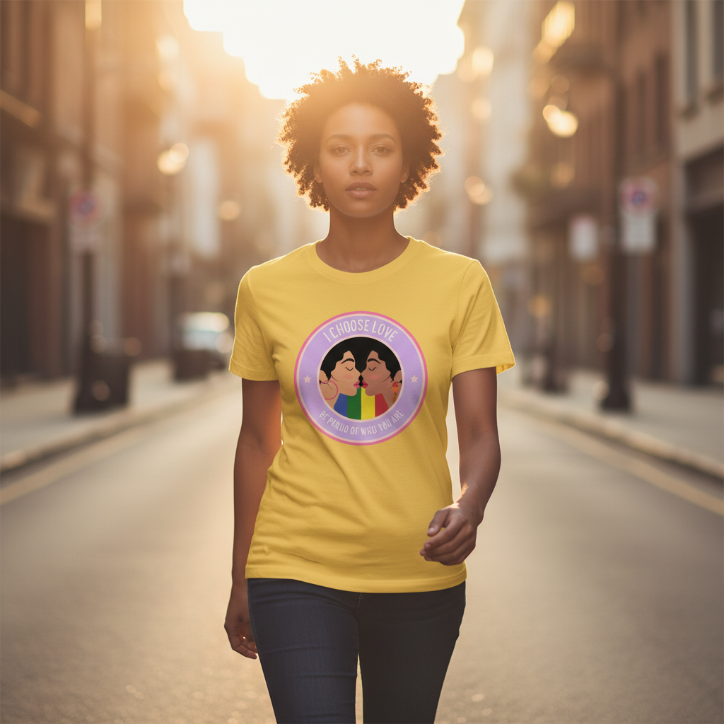 I Choose Love Unisex T-Shirt with two people facing each other and "I Choose Love" in a purple circle