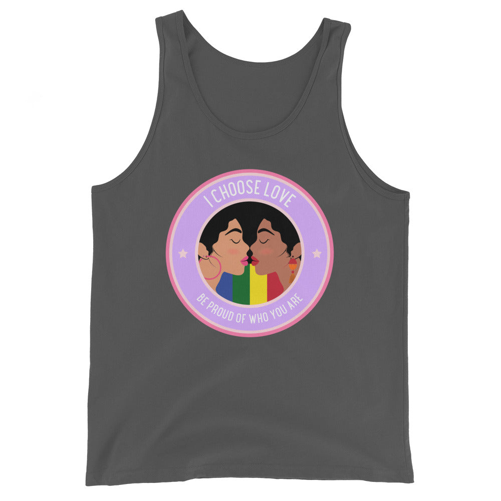 Front view of a charcoal tank top with two women kissing inside a pride-colored circle