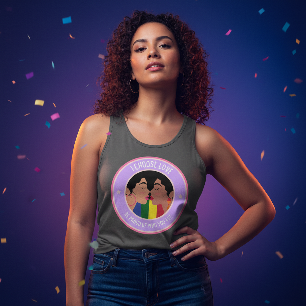 I Choose Love unisex tank top, bold on vibrant purple, with two illustrated people, affirming pride phrases