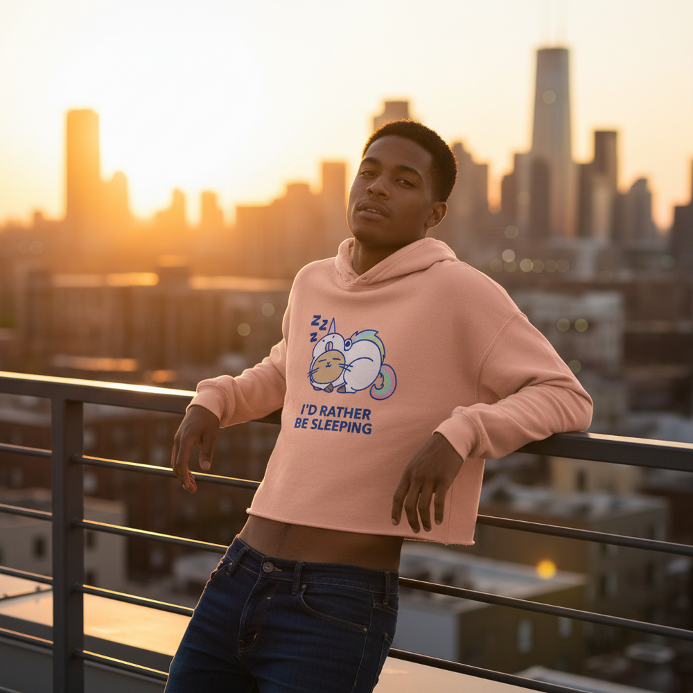 Model wearing a pink cropped hoodie with sleeping cartoon animals and “I’D RATHER BE SLEEPING” text