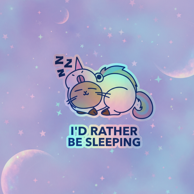 Holographic sticker of a sleeping caticorn with rainbow tail and “I’D RATHER BE SLEEPING” text