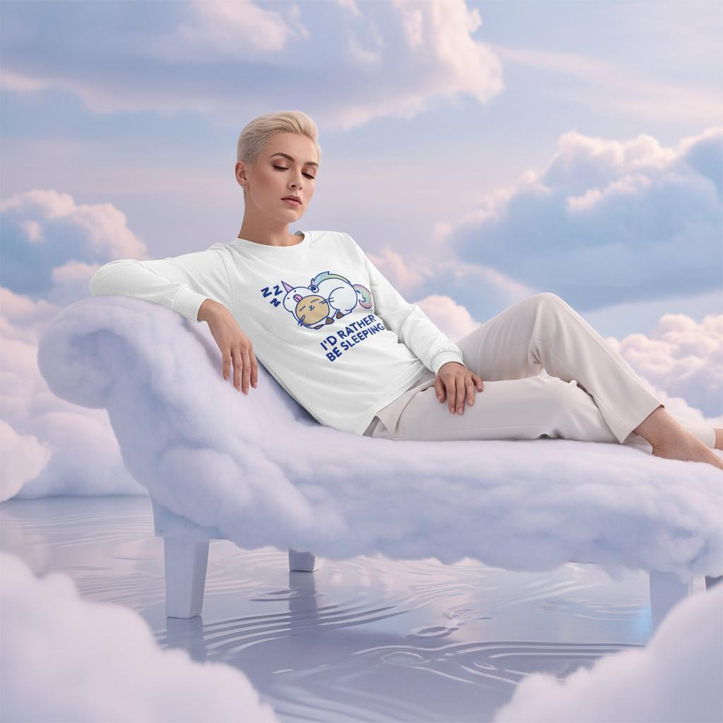Person in I'd Rather Be Sleeping unisex long sleeve tee with cartoon cat-unicorn, lounging on cloud-like sofa