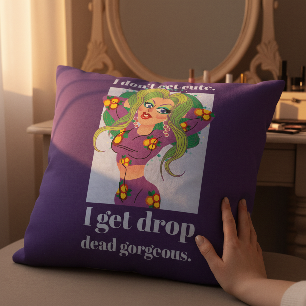 A hand touches the "I Get Drop Dead Gorgeous" pillow, showing a cartoon person with green hair and bold earrings