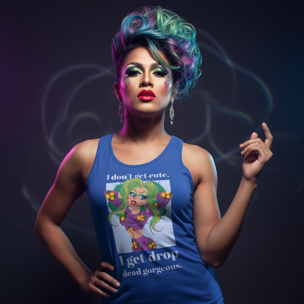 I Get Drop Dead Gorgeous unisex tank top worn by a model with bold makeup and vibrant hair, lit by colorful club lighting