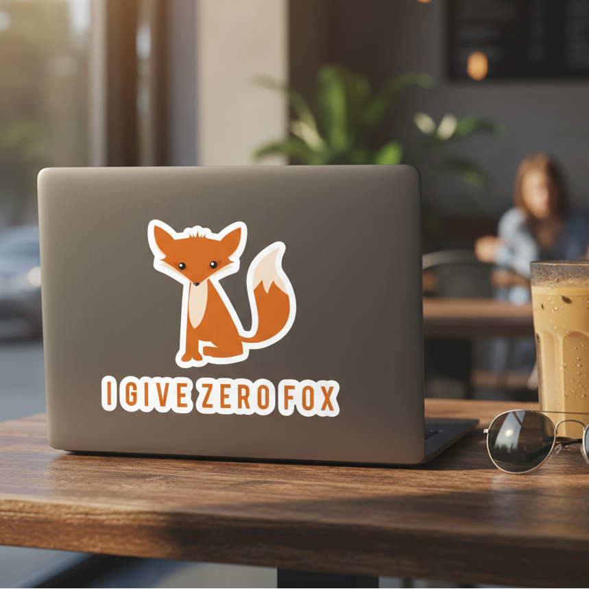 Laptop rocking the “I GIVE ZERO FOX” sticker with a cartoon fox
