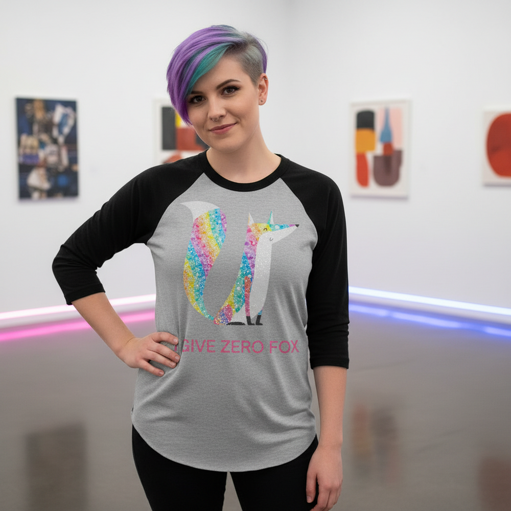 I Give Zero Fox Glitter 3/4 sleeve raglan shirt worn by a person with vibrant short hair in a neon-lit