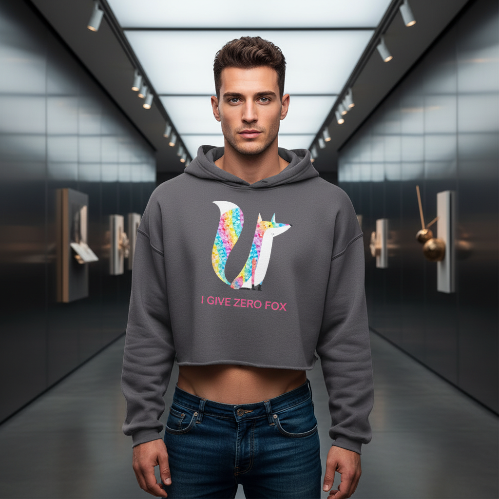 “I Give Zero Fox Glitter Crop Hoodie” with bold fox graphic, queer vibes; young guy in bright gallery, vivid art behind him.
