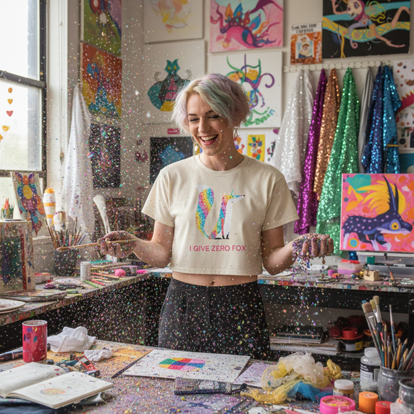 “I Give Zero Fox Glitter Crop Top” with a rainbow fox graphic worn by a femme with pastel hair