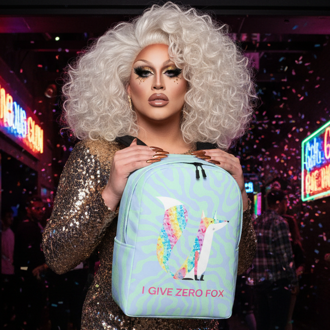 I Give Zero Fox Glitter Minimalist Backpack with colorful fox, held by a drag queen in a gold dress