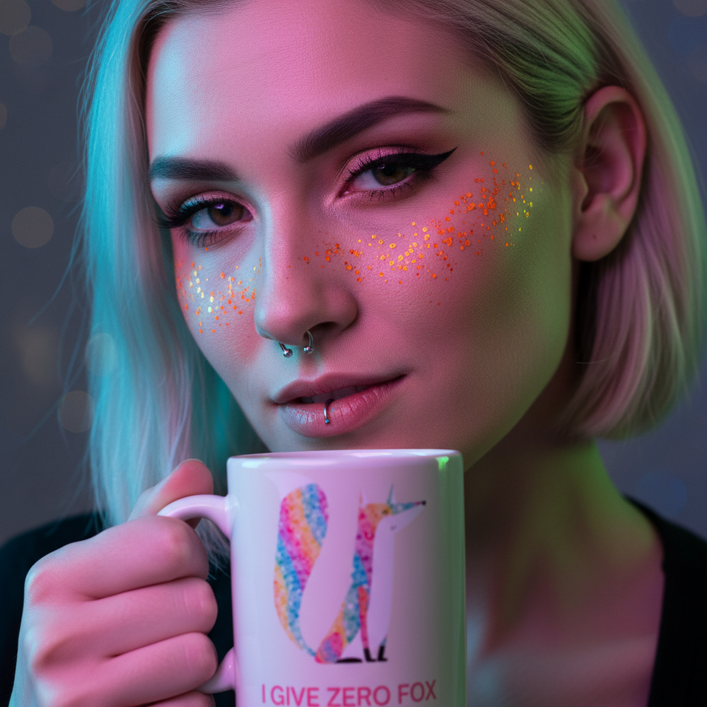 Person with glitter makeup holds a white mug reading “I GIVE ZERO FOX” with a colorful fox graphic