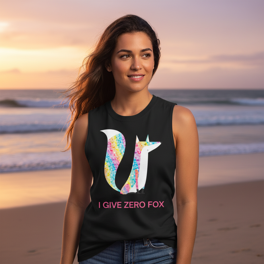 Muscle tank top, black, sleeveless, bold fox graphic, pink "I GIVE ZERO FOX" slogan