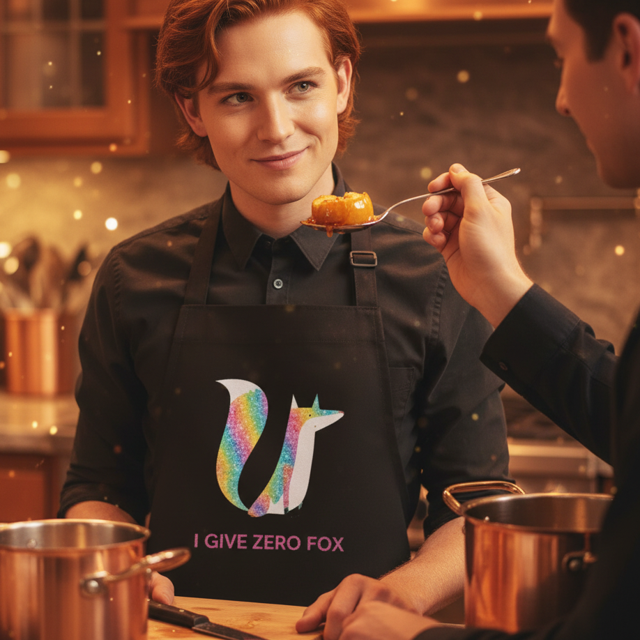 Person wearing a black apron with a glittery rainbow fox and “I GIVE ZERO FOX” text